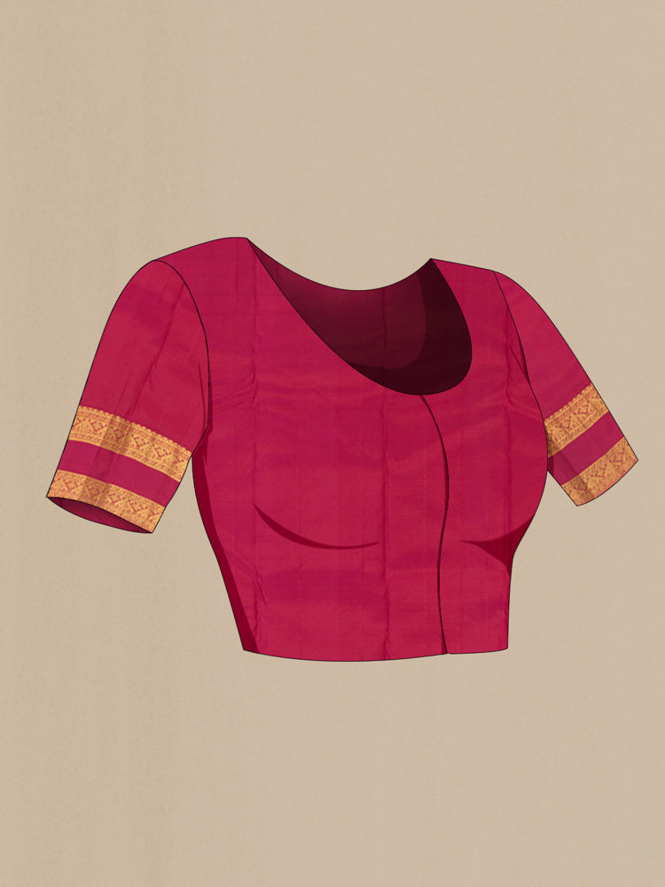 Close up image of the blouse of Pure Silk Pure Zari Peach Kanchipuram Saree with Zari Butta on the body and Silk Border. 