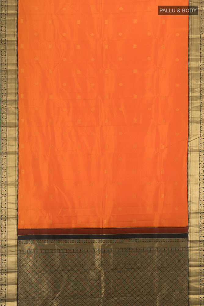 Flat view of Orange Kanchipuram Silk Saree with Zari Butta on the body and Zari Border. 