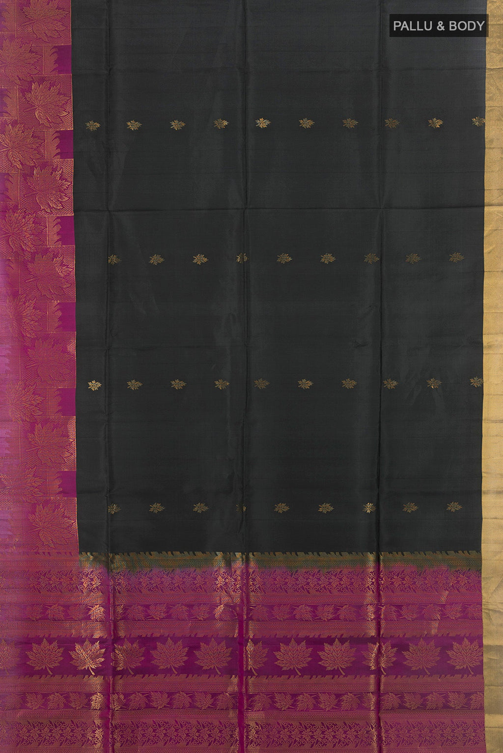 Flat view of Coffee Brown Soft Silk Saree with Zari Butta on the body and Silk Border. 
