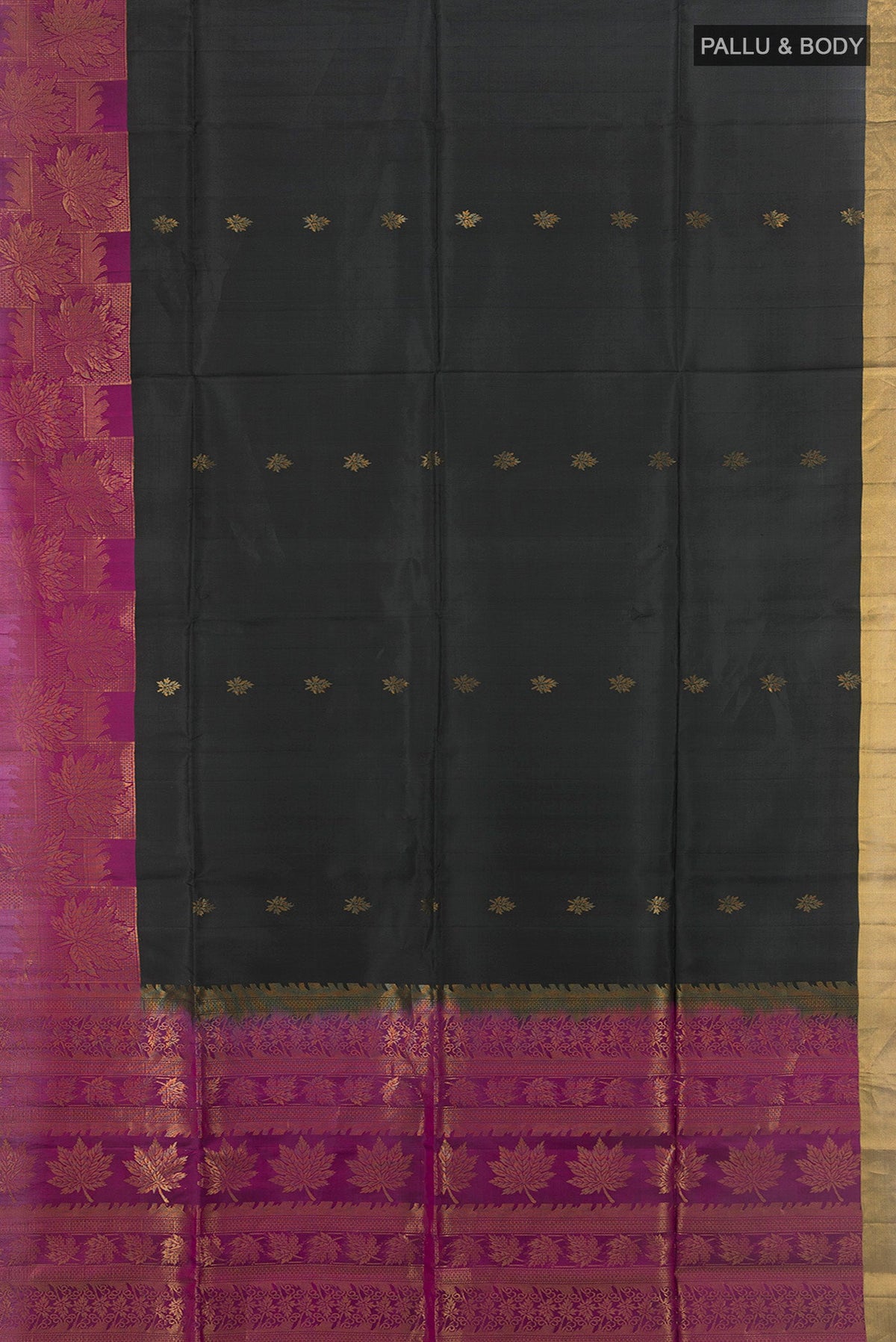 Flat view of Coffee Brown Soft Silk Saree with Zari Butta on the body and Silk Border. 