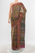 Pure Silk Pure Zari Multi Color Tussar Saree with Floral Print on the body and Silk Border.  displayed on a mannequin