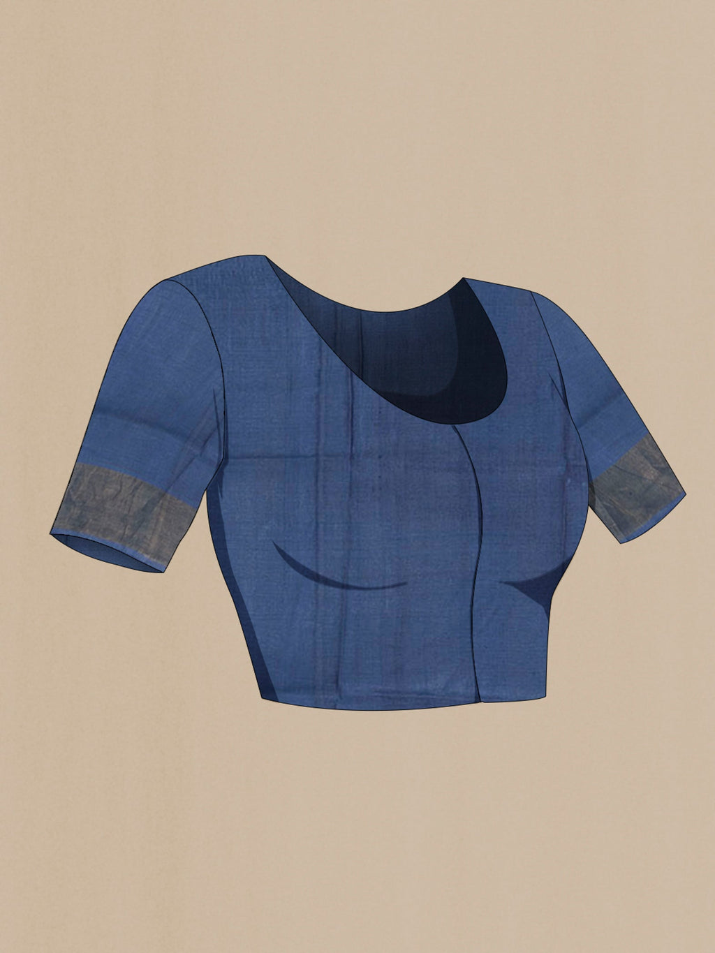 Close up image of the blouse of Blue Tussar Silk Saree with Floral Print on the body and Zari Border. 