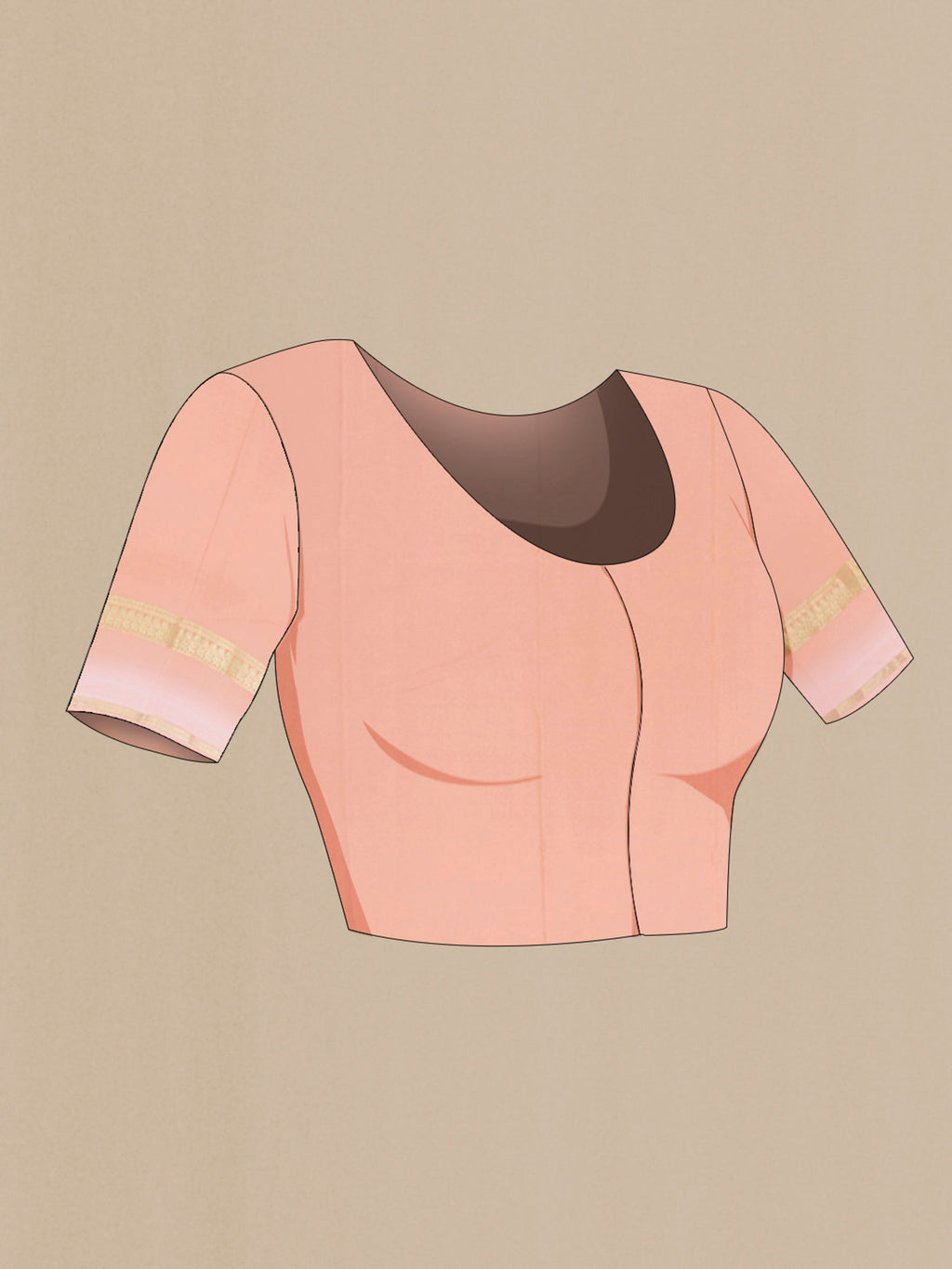 Close up image of the blouse of Peach Mysore Crepe Saree with Plain Body and Silk Border. 
