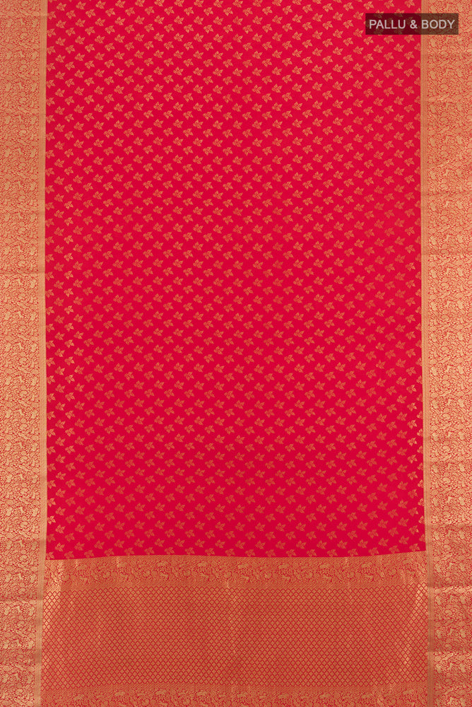 Flat view of Red Georgette Saree with Zari Butta on the body and Silk Border. 