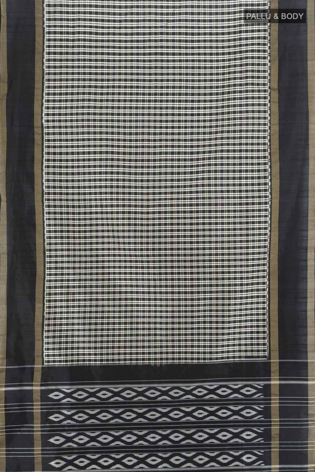 Flat view of Multi Color Pochampally Silk Saree with Checked design on the body and Zari Border. 