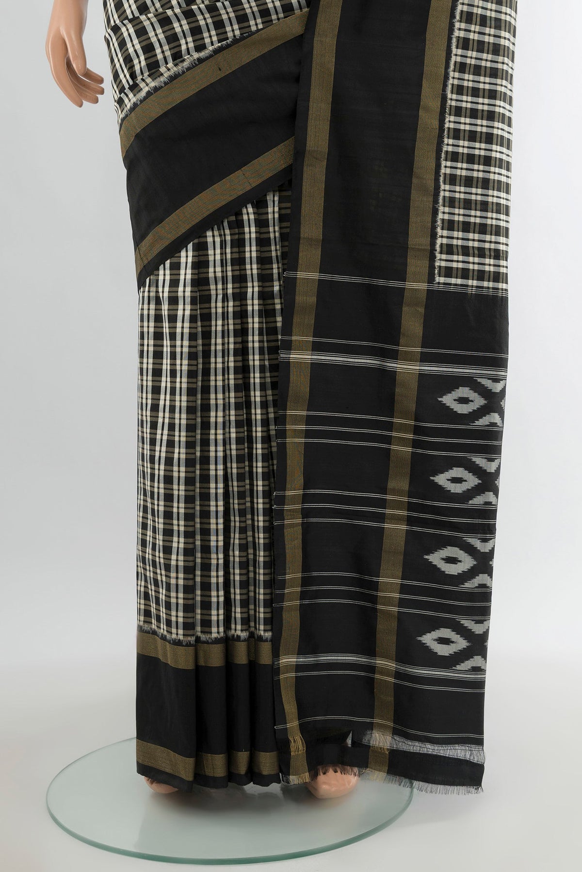 Pleats and pallu of Multi Color Pochampally Silk Saree with Checked design on the body and Zari Border. 