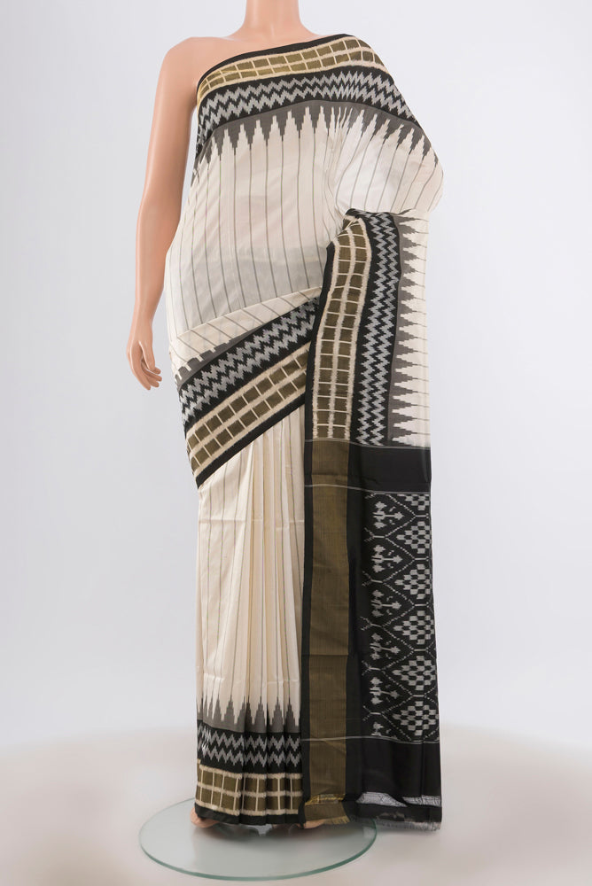 Off White Pochampally Silk Saree with Stripes on the body and Ikat Border.  displayed on a mannequin