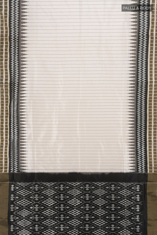 Flat view of Off White Pochampally Silk Saree with Stripes on the body and Ikat Border. 