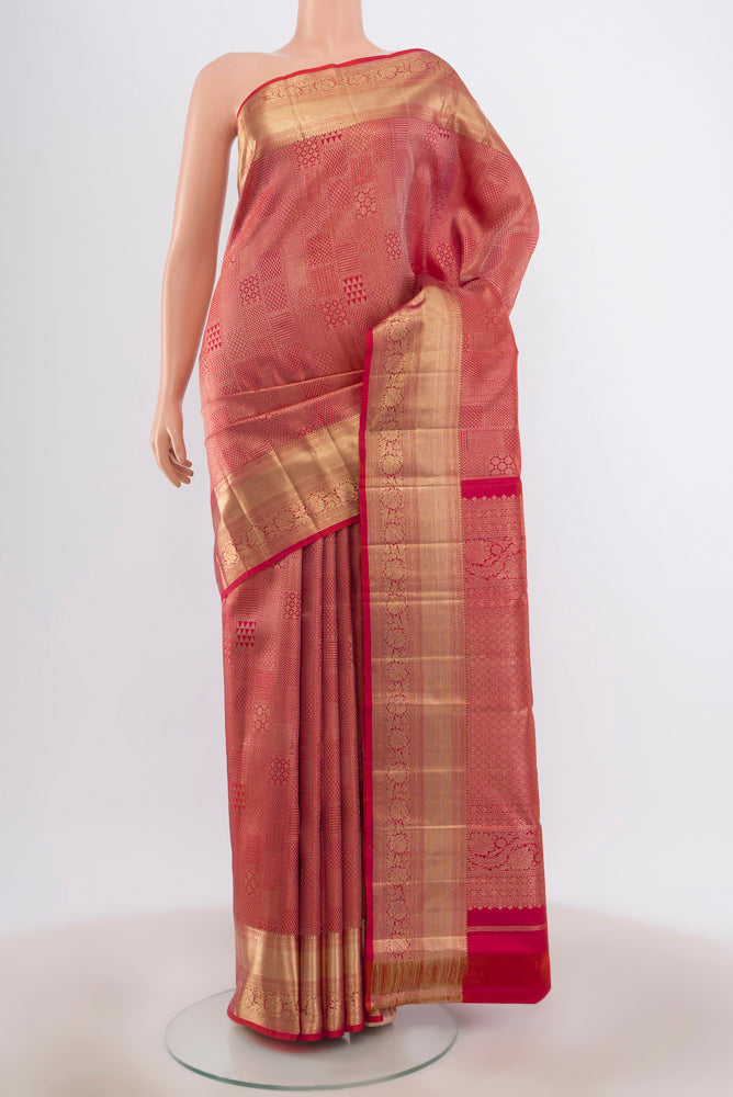 Pink with Orange Color Kanjivaram Silk Saree with Zari Brocade on the body and Zari Border.  displayed on a mannequin
