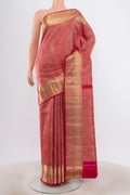 Pink with Orange Color Kanjivaram Silk Saree with Zari Brocade on the body and Zari Border.  displayed on a mannequin
