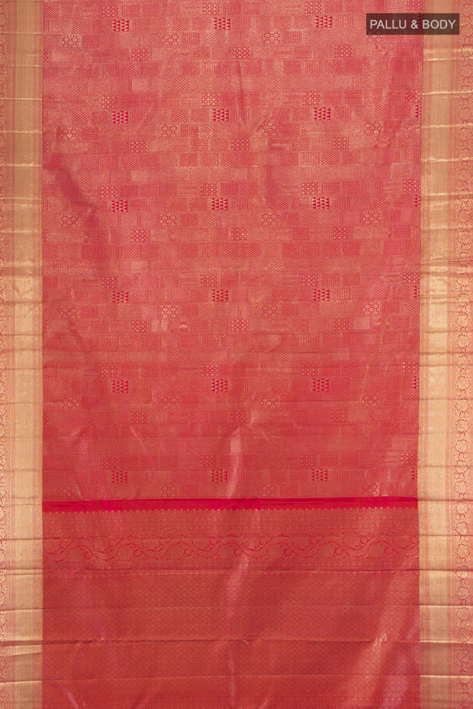 Flat view of Pink with Orange Color Kanjivaram Silk Saree with Zari Brocade on the body and Zari Border. 