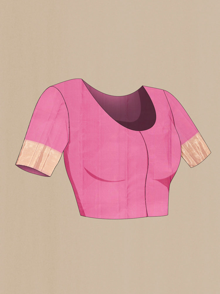 Close up image of the blouse of Rose pink Kanjivaram Silk Saree with Zari Brocade on the body and Zari Border. 