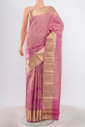 Rose pink Kanjivaram Silk Saree with Zari Brocade on the body and Zari Border.  displayed on a mannequin