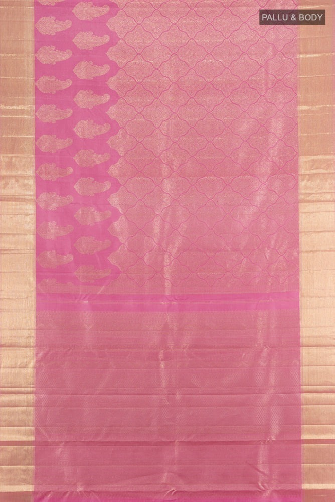 Flat view of Rose pink Kanjivaram Silk Saree with Zari Brocade on the body and Zari Border. 