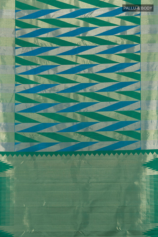 Flat view of Multi Color Kanchipuram Silk Saree with Zari Butta on the body and Silk Border. 