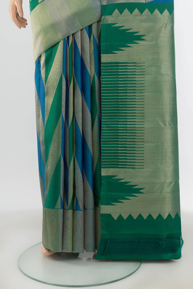 Pleats and pallu of Multi Color Kanchipuram Silk Saree with Zari Butta on the body and Silk Border. 