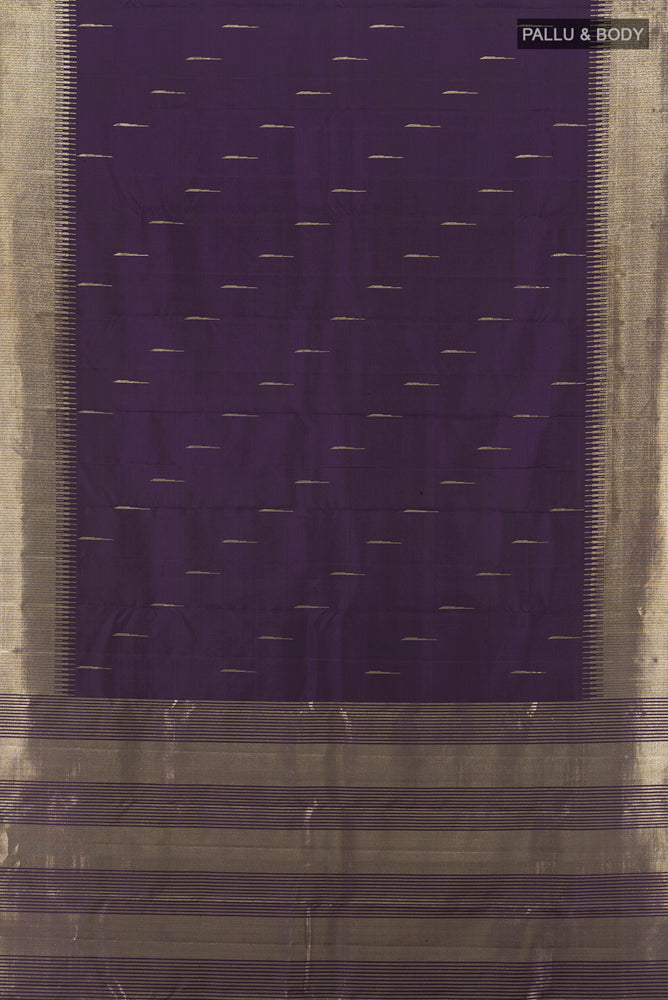 Flat view of Navy Blue Kanchipuram Silk Saree with Zari Butta on the body and Zari Border. 