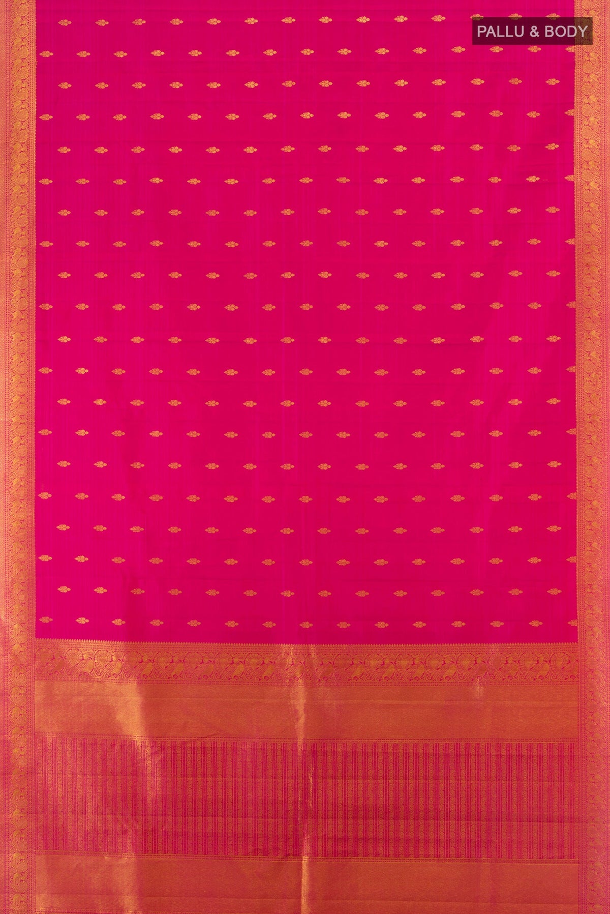 Flat view of Dark Pink Kanjivaram Silk Saree with Zari Butta on the body and Zari Border. 