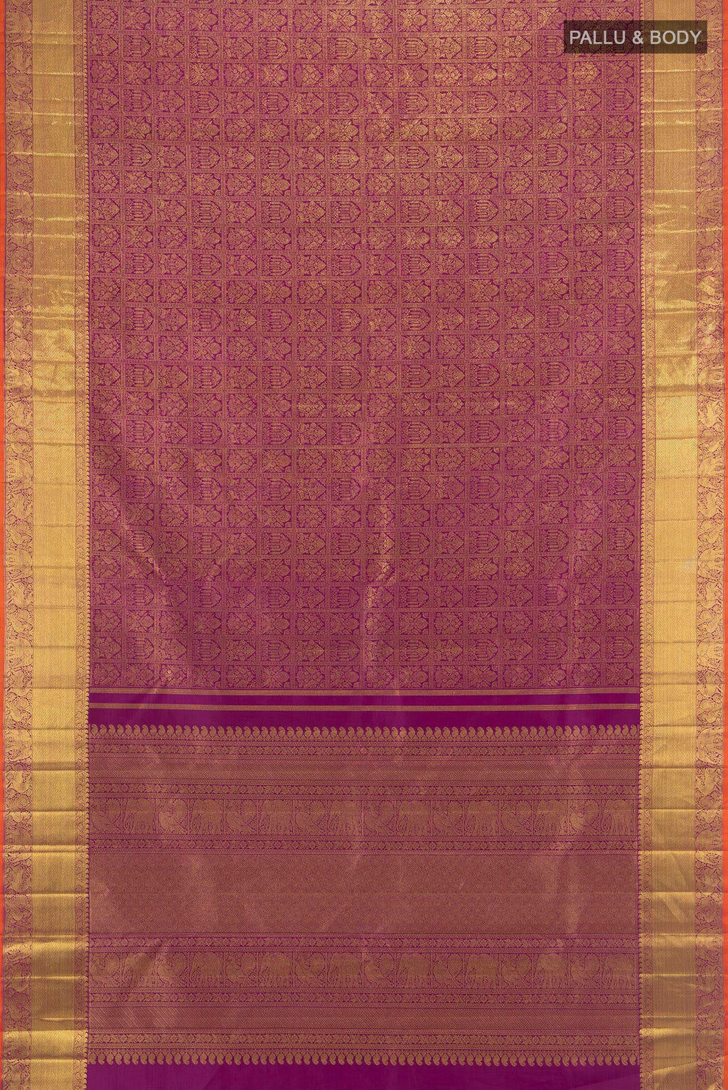 Flat view of Pure Silk Pure Zari Purple Kanjivaram Saree with Zari Brocade on the body and Zari Border. 