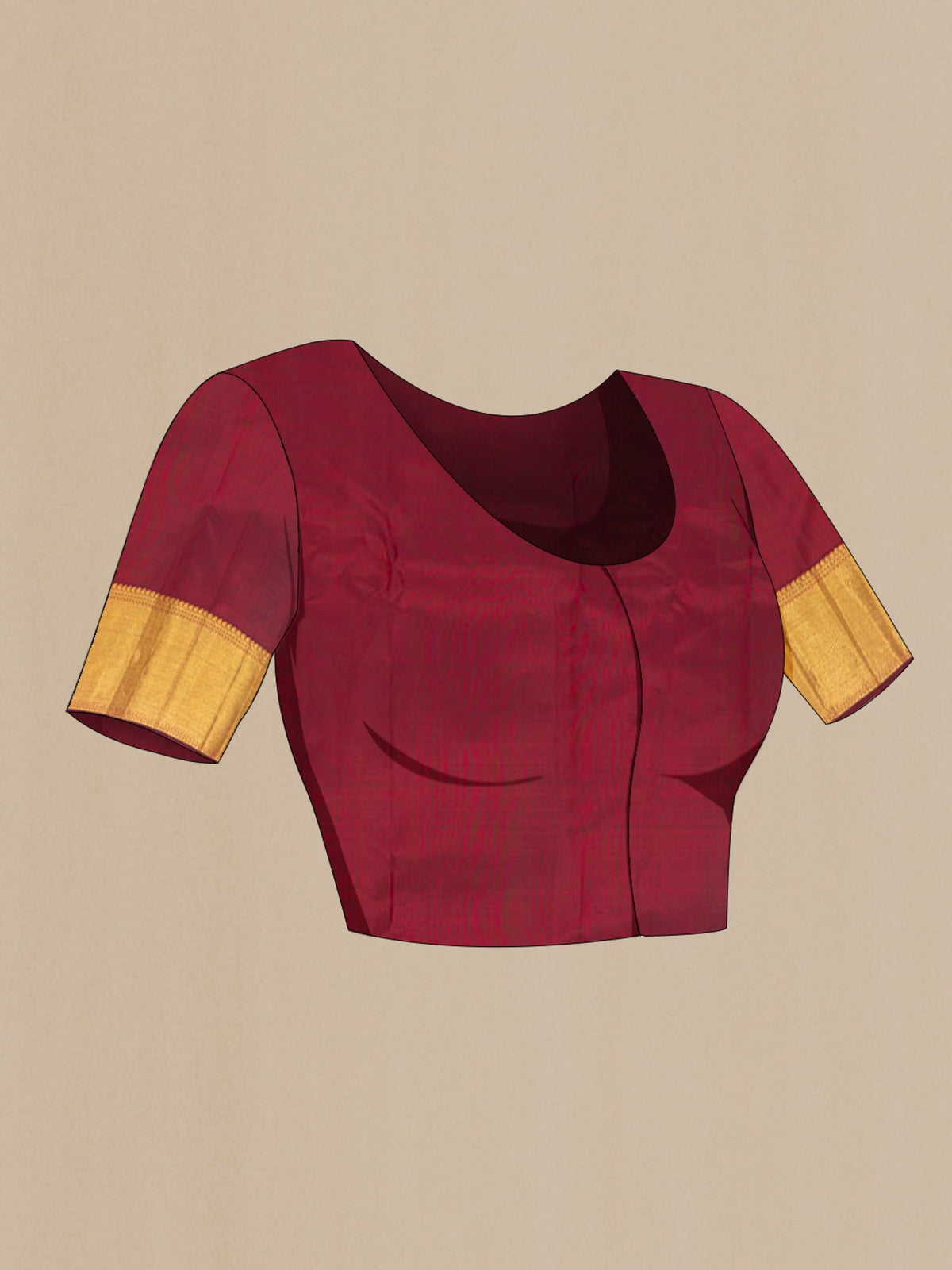 Close up image of the blouse of Pure Silk Pure Zari Maroon Kanjivaram Saree with Zari Brocade on the body and Zari Border. 