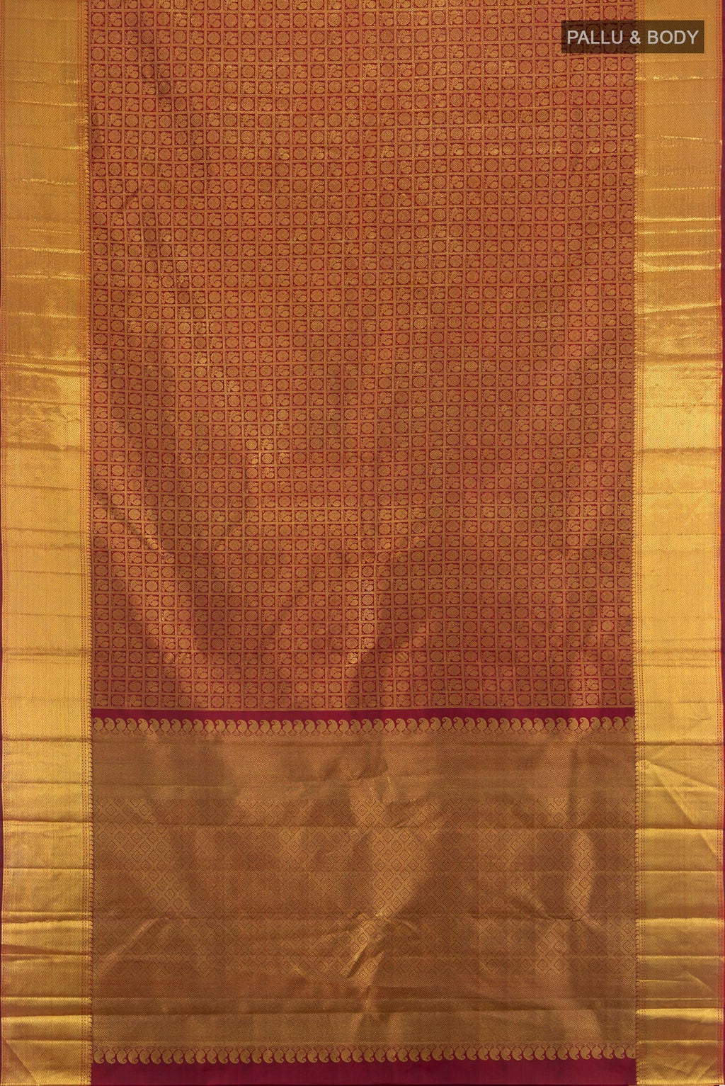Flat view of Pure Silk Pure Zari Maroon Kanjivaram Saree with Zari Brocade on the body and Zari Border. 