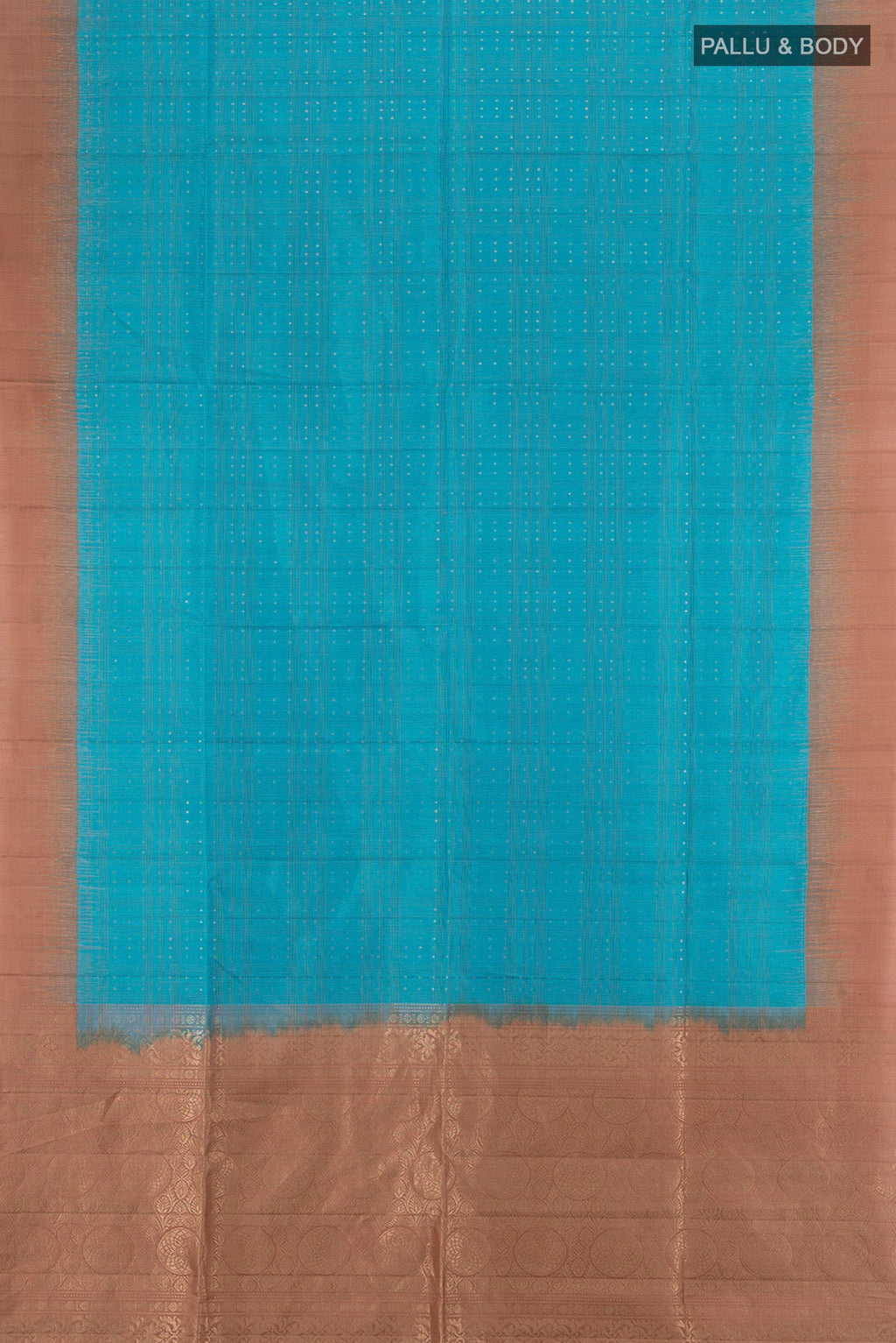 Flat view of Light Blue Soft Silk Saree with Zari Butta on the body and Plain Border. 