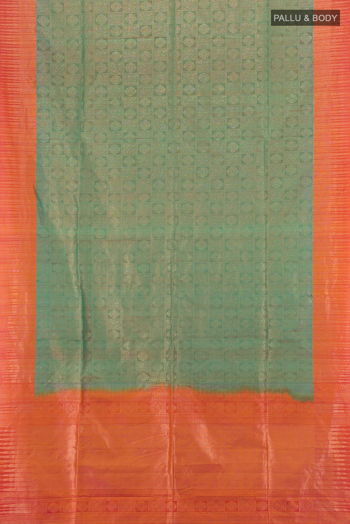 Flat view of Multi Color Soft Silk Saree with Zari Butta on the body and Zari Border. 