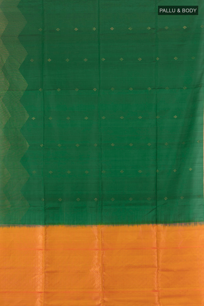 Flat view of Green Soft Silk Saree with Zari Butta on the body and Zari Border. 