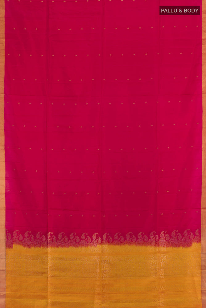Flat view of Pink Soft Silk Saree with Zari Butta on the body and Zari Border. 