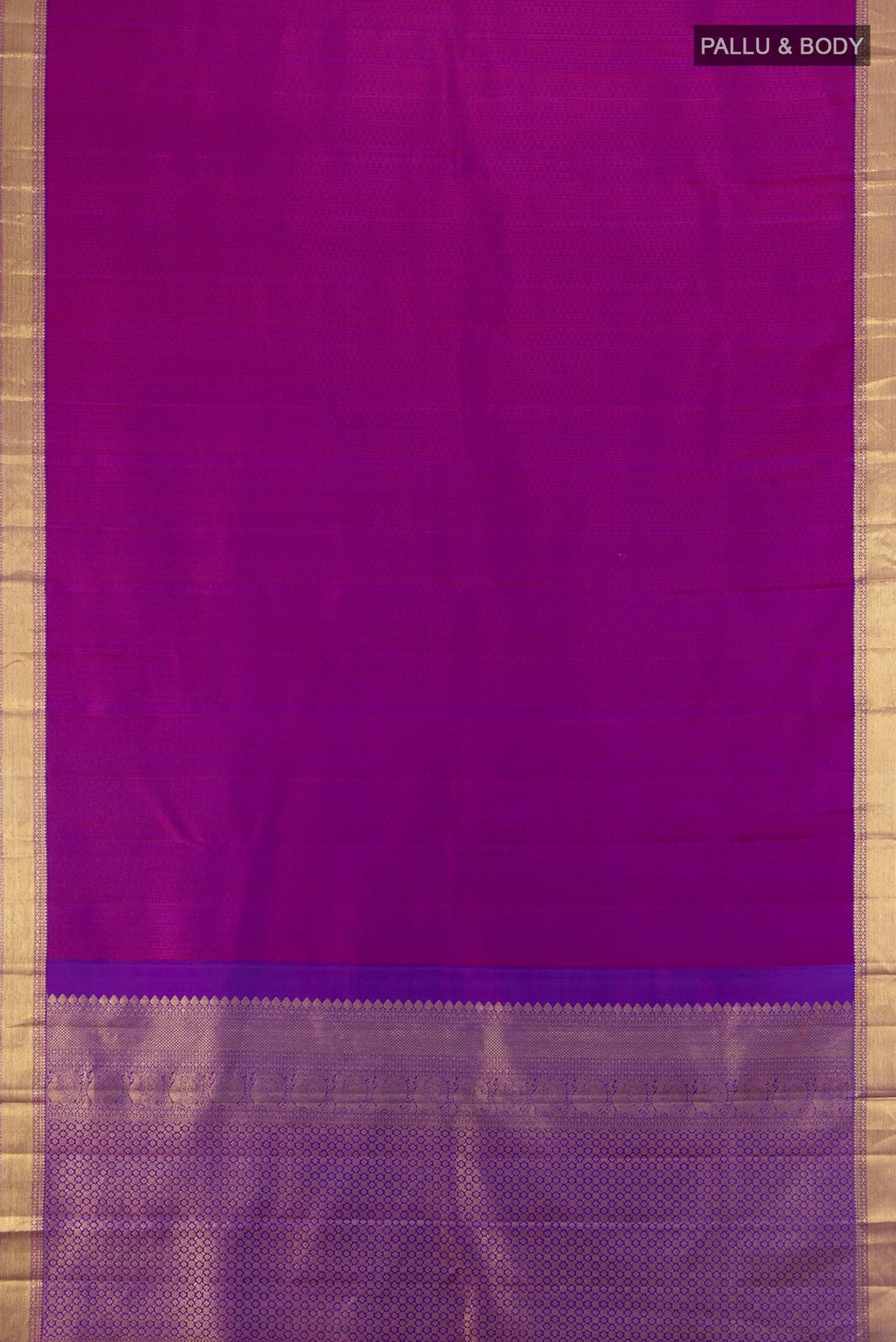 Flat view of Purple Kanjivaram Silk Saree with Thread Brocade on the body and Silk Border. 