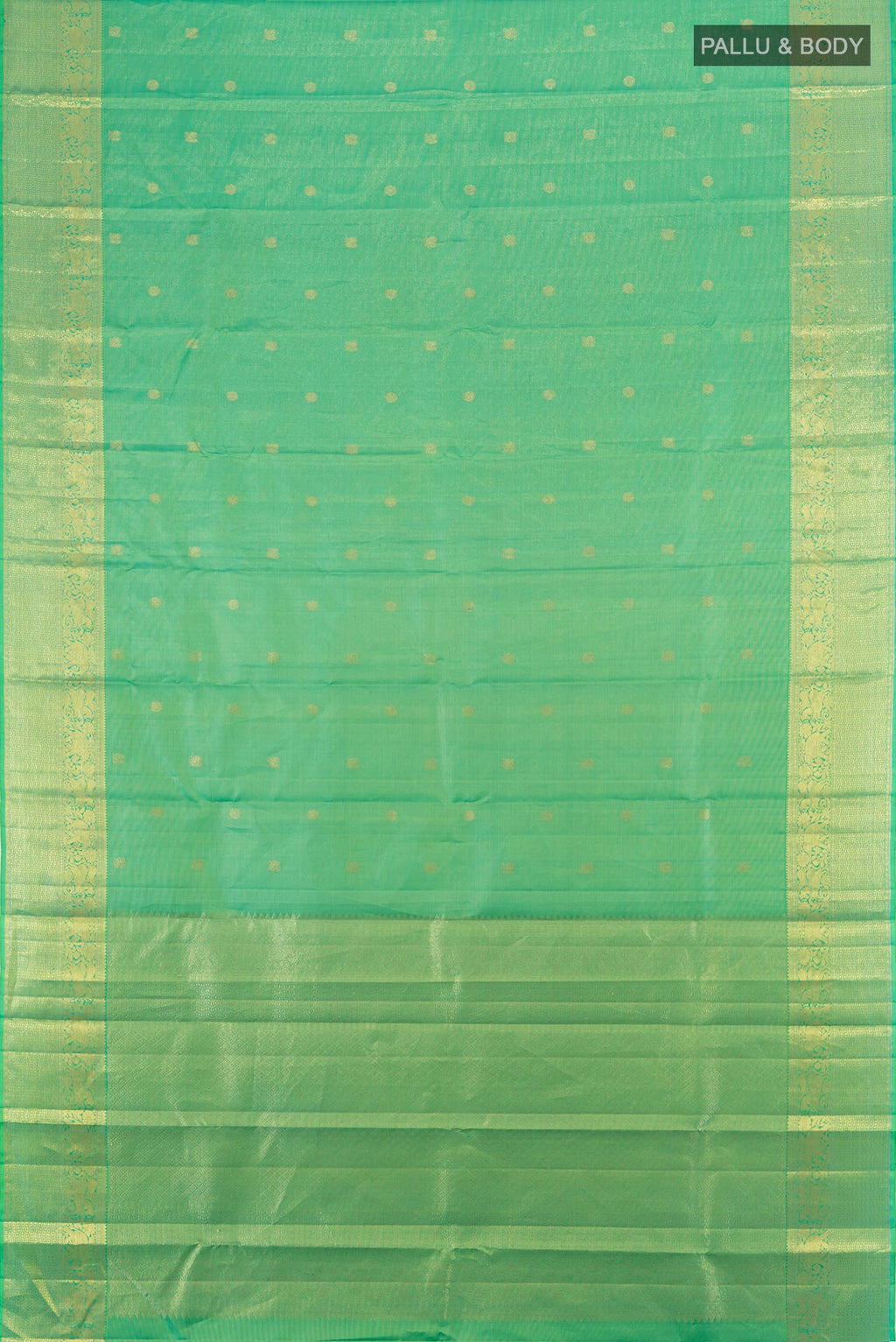 Flat view of Pure Silk Pure Zari Parrot Green Kanjivaram Saree with Zari Butta on the body and Silk Border. 