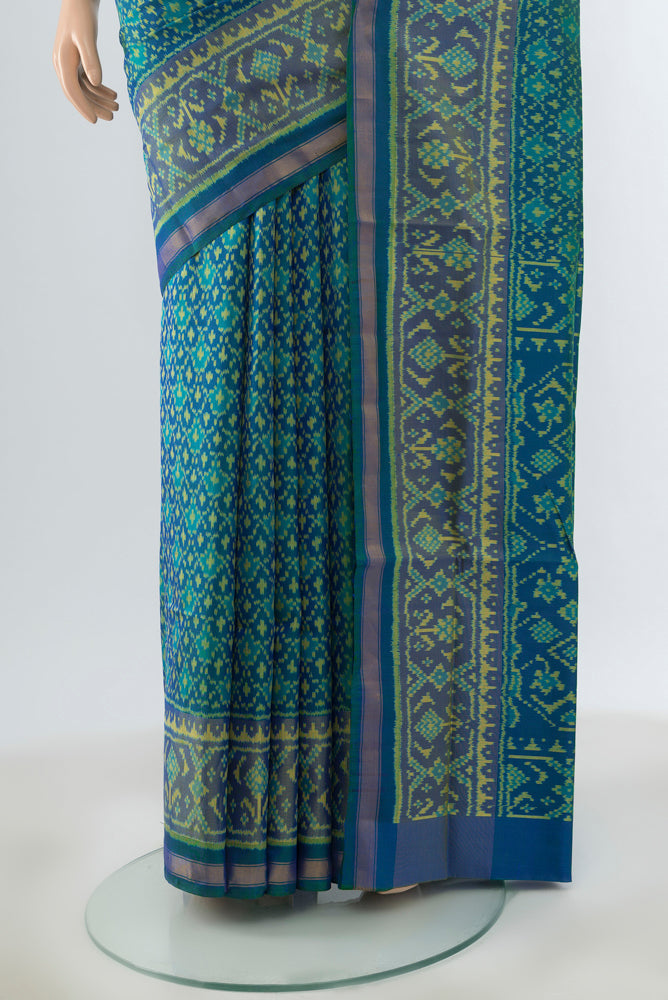 Pleats and pallu of Blue Rajkot Patola Silk Saree with Pure Ikat on the body and Zari Border. 