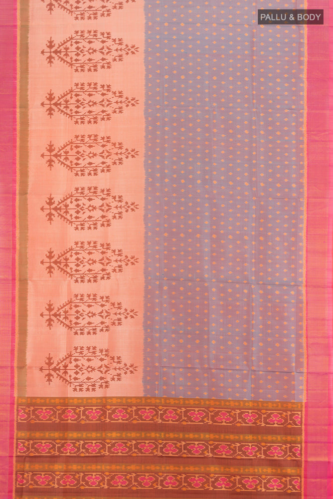 Flat view of Light Blue with Pink Color Rajkot Patola Silk Saree with Pure Ikat on the body and Ikat Border. 