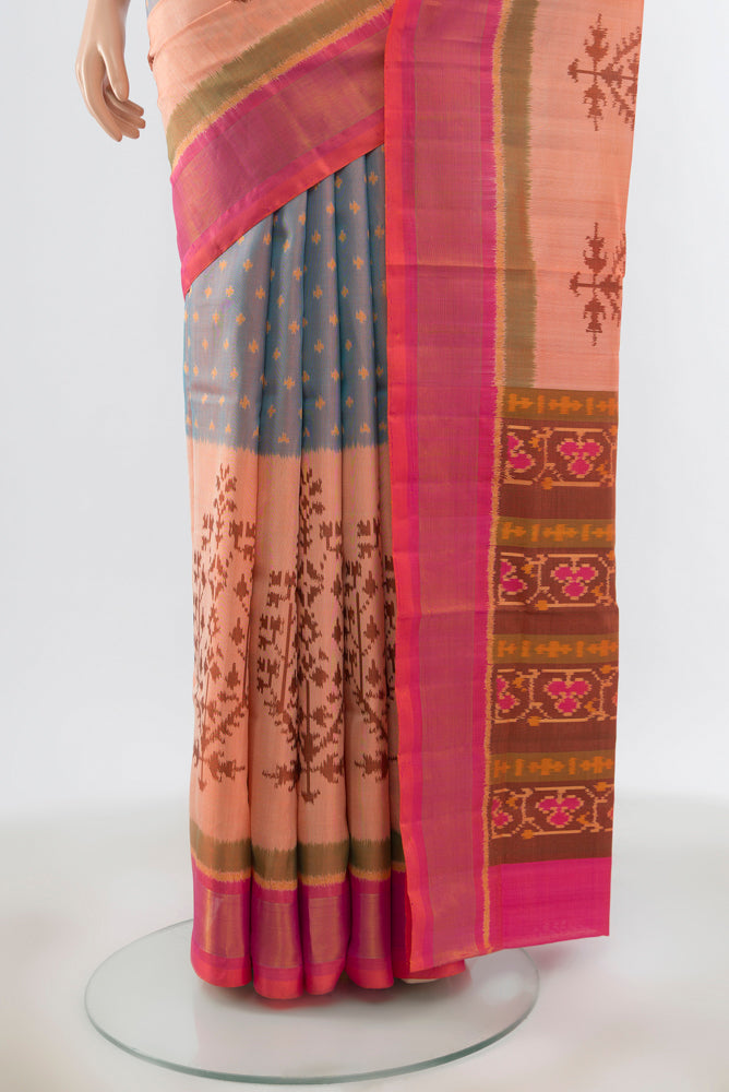 Pleats and pallu of Light Blue with Pink Color Rajkot Patola Silk Saree with Pure Ikat on the body and Ikat Border. 