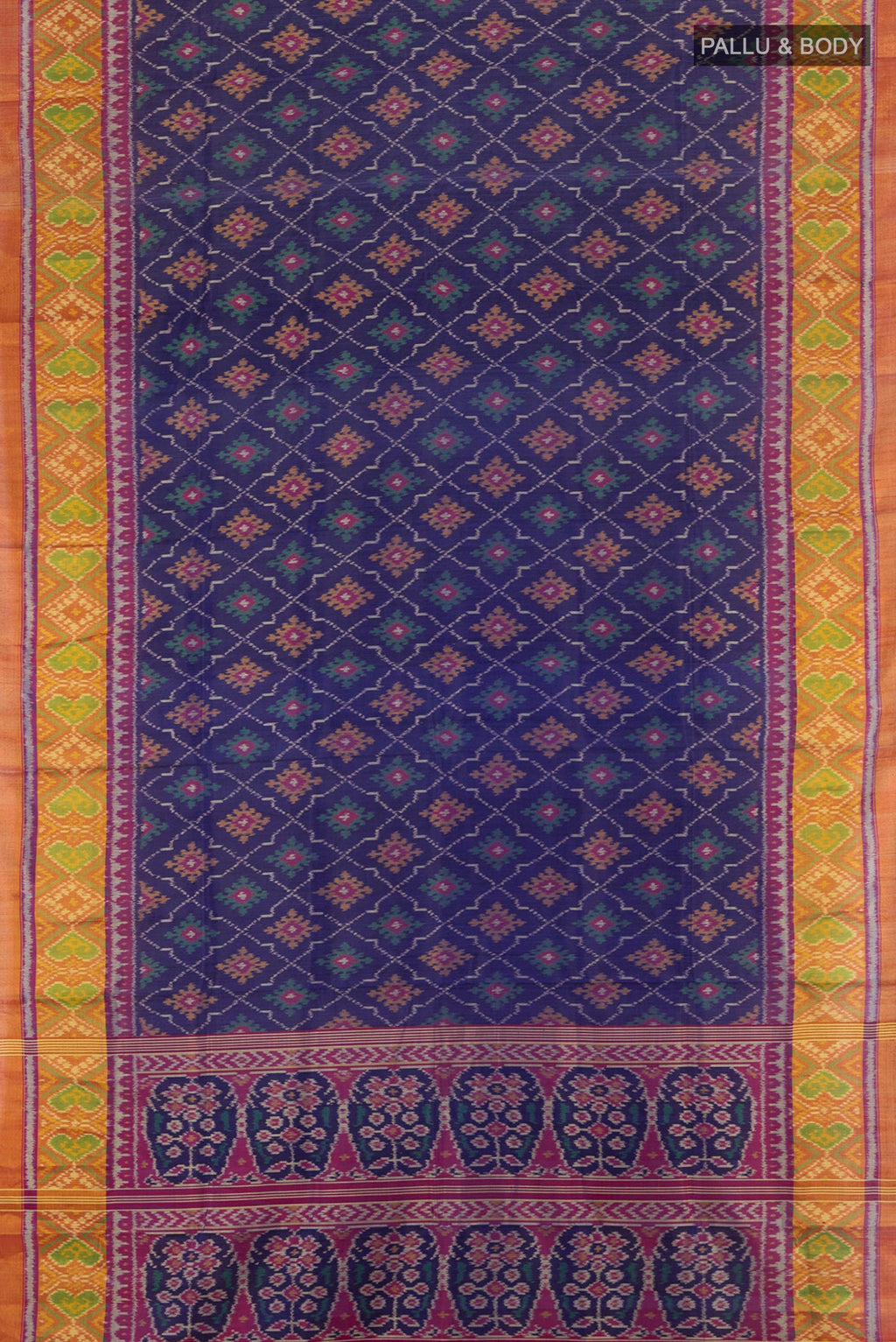 Flat view of Navy Blue Rajkot Patola Silk Saree with Pure Ikat on the body and Ikat Border. 