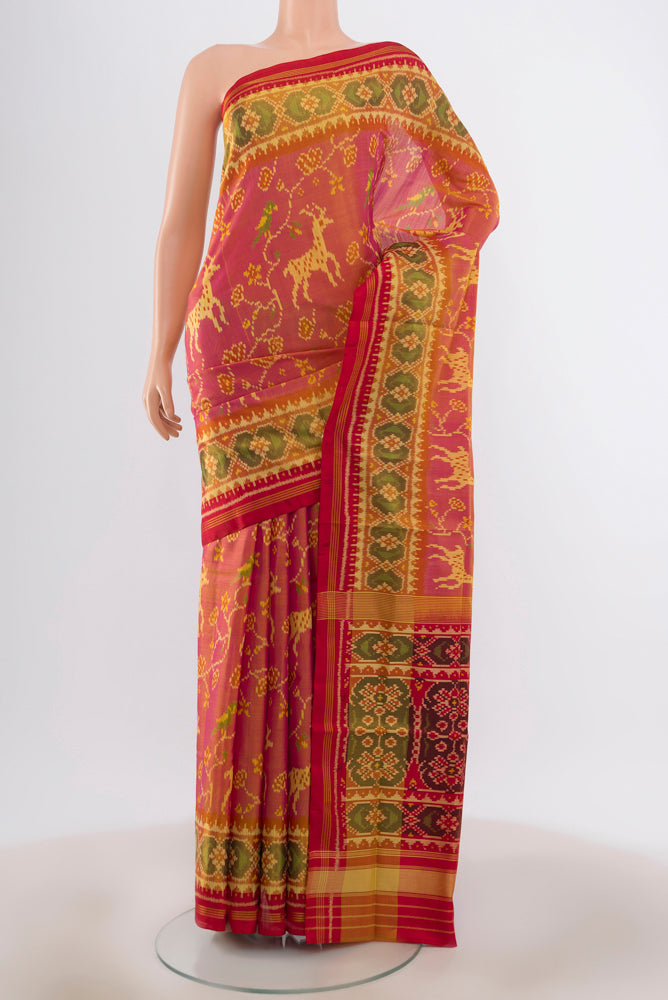 Pinkish Yellow Dual Tone Rajkot Patola Silk Saree with Pure Ikat on the body and Ikat Border.  displayed on a mannequin