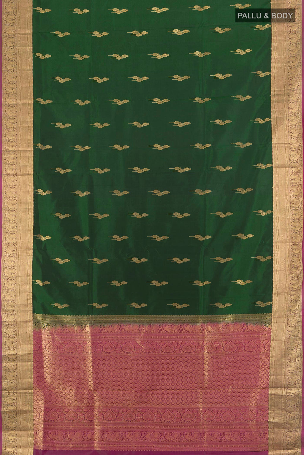 Flat view of Mint Green Soft Silk Saree with Zari Butta on the body and Silk Border. 