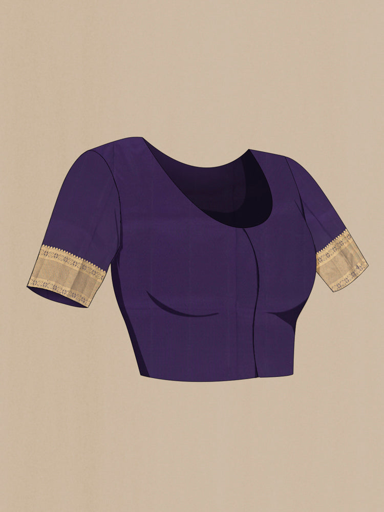 Close up image of the blouse of Navy Blue Soft Silk Saree with Zari Butta on the body and Silk Border. 
