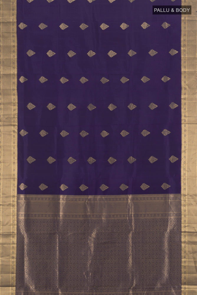 Flat view of Navy Blue Soft Silk Saree with Zari Butta on the body and Silk Border. 