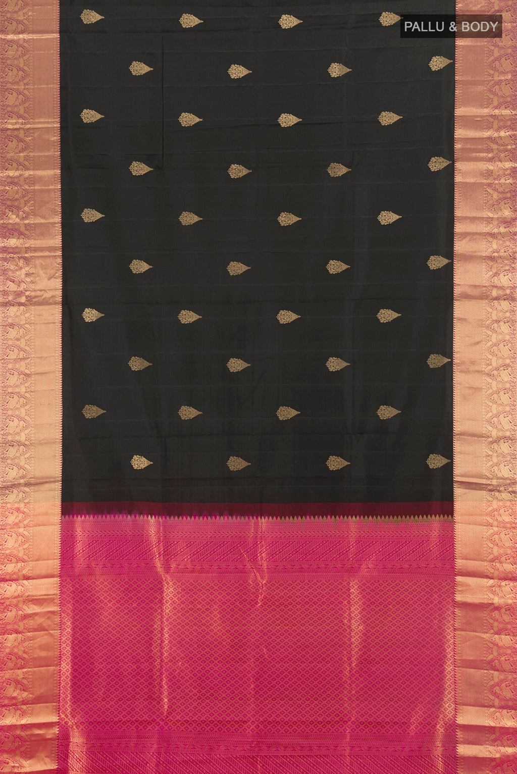 Flat view of Black Soft Silk Saree with Zari Butta on the body and Zari Border. 