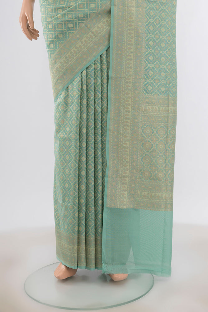 Pleats and pallu of Light Blue Banarasi Silk Saree with Zari Butta on the body and Zari Border. 