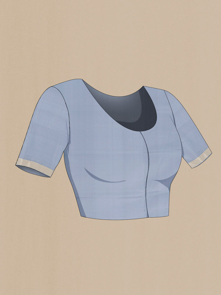 Close up image of the blouse of Blue Grey Banarasi Silk Saree with Zari Butta on the body and Zari Border. 