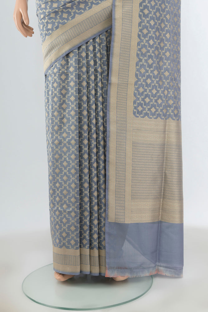 Pleats and pallu of Blue Grey Banarasi Silk Saree with Zari Butta on the body and Zari Border. 
