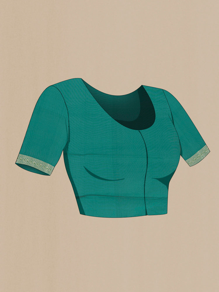 Close up image of the blouse of Green Banarasi Silk Saree with Zari And Thread Butta on the body and Zari Border. 