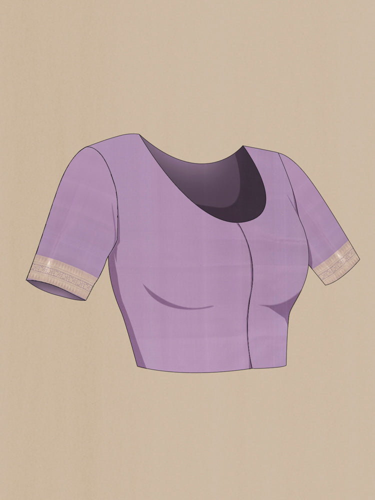 Close up image of the blouse of Lavender Banarasi Silk Saree with Zari Butta on the body and Zari Border. 