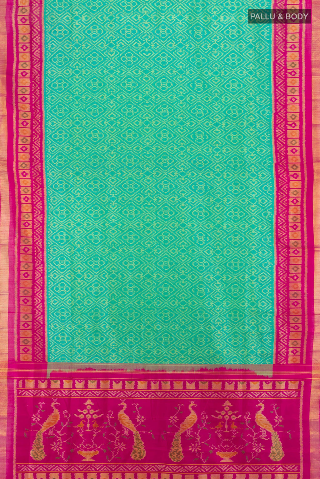Flat view of Sea Green Rajkot Patola Silk Saree with Pure Ikat on the body and Ikat Border. 