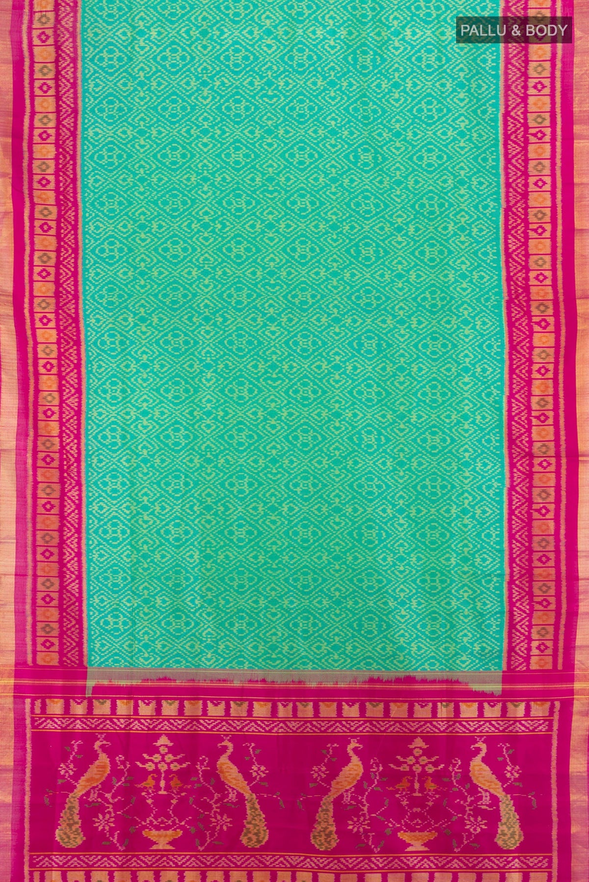 Flat view of Sea Green Rajkot Patola Silk Saree with Pure Ikat on the body and Ikat Border. 