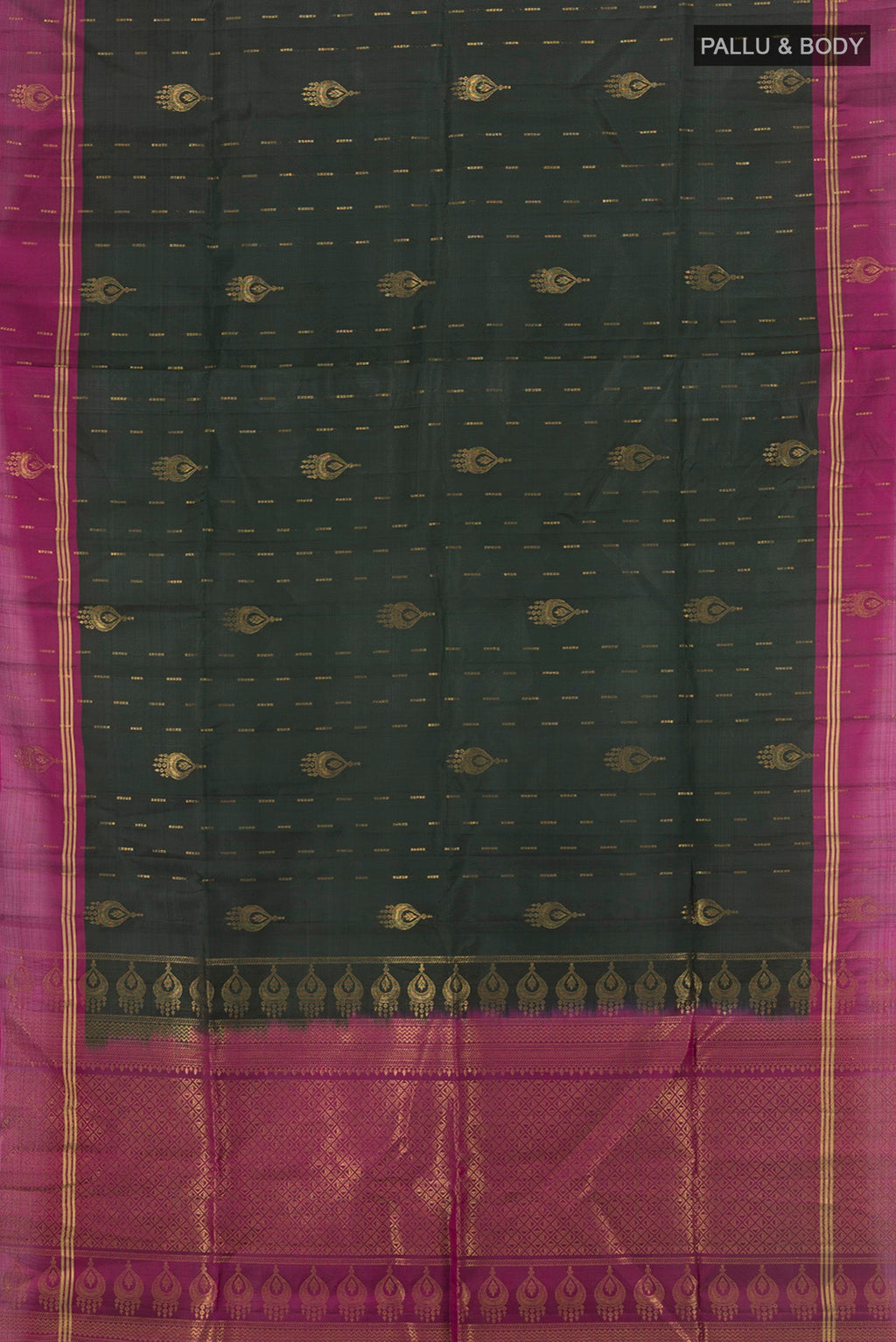 Flat view of Black Soft Silk Saree with Zari Butta on the body and Plain Border. 