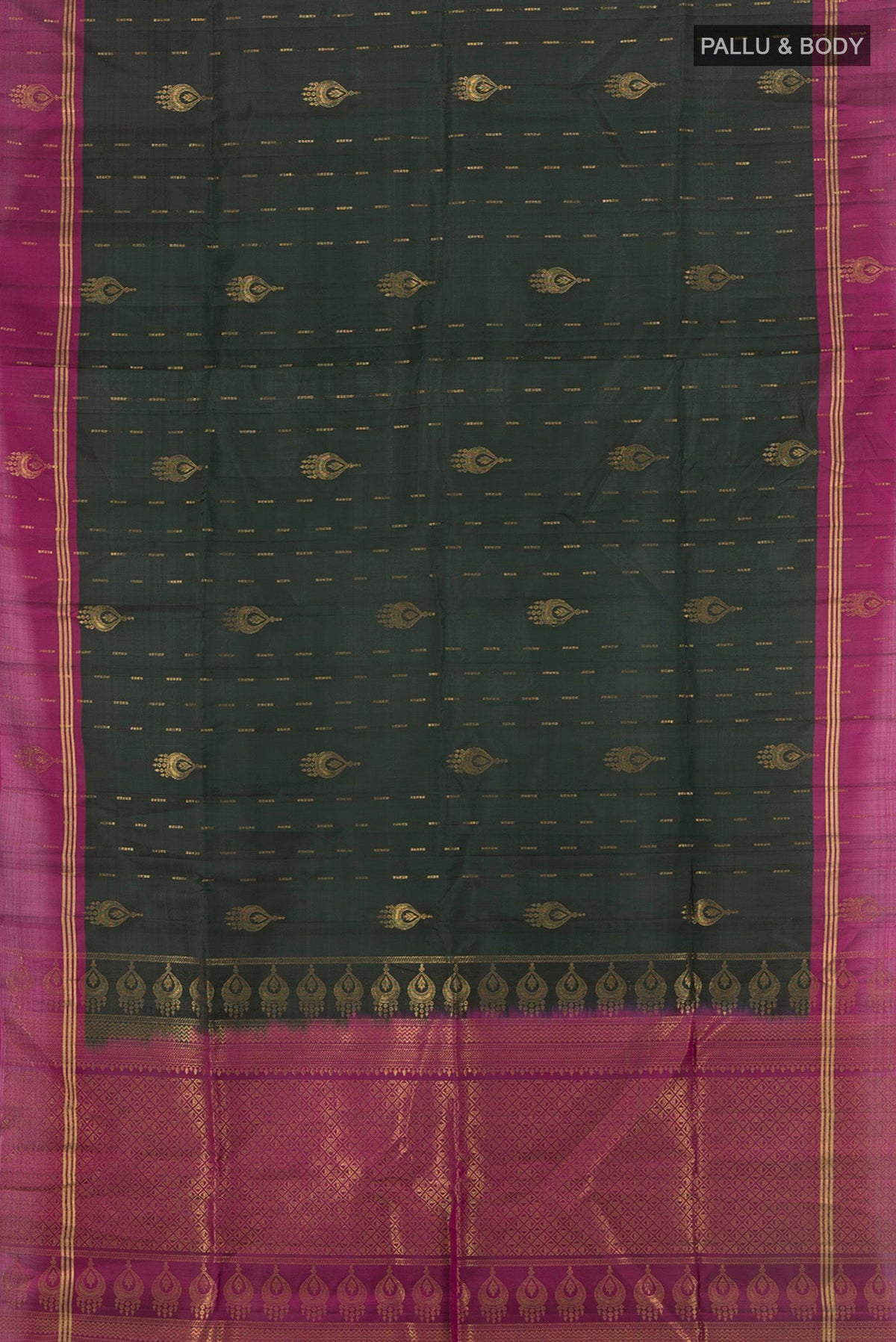 Flat view of Black Soft Silk Saree with Zari Butta on the body and Plain Border. 