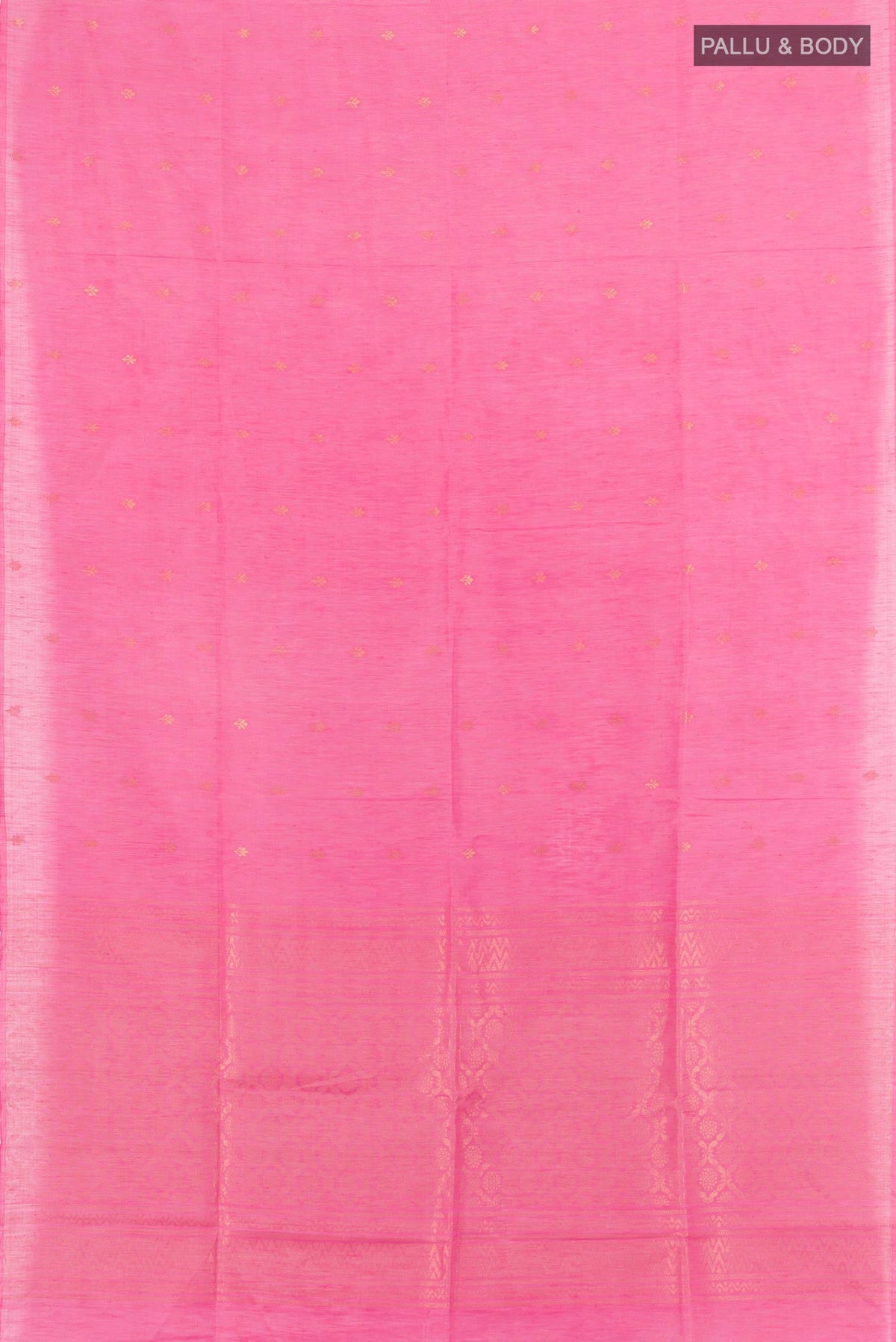 Flat view of Rose pink Soft Silk Saree with Zari Butta on the body and Without Border. 